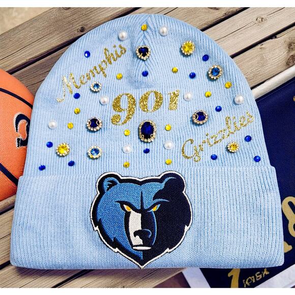 Memphis Grizzlies Beanie Blue design with 901, Rhinestone and Grizz Logo - Picture 2 of 7